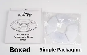 Detail view of 2-pack pet fountain replacement filters in box and bulk plastic packaging