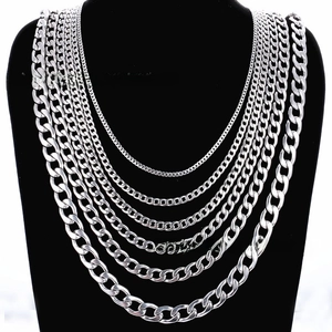 Detailed comparison of seven stainless steel snake bone chains in varying widths on a neck model