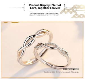 Detail of S925 sterling silver couple rings with twisted rope design and pavé cubic zirconia