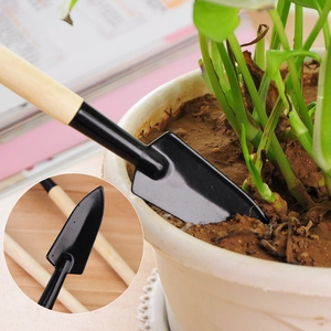 Three-piece mini gardening tool set with wooden handles for succulent potting and soil loosening
