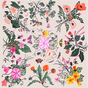 Detailed pattern of morning glory flowers and insects on a 90x90cm satin scarf