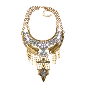 Detailed view of bohemian layered necklace with AB crystals and metallic tassels