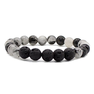 Bracelet en pierre de soleil 8mm et quartz rutilé noir avec perles de lave volcanique