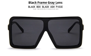 Close-up of black frame sunglasses with grey lenses and retro square design