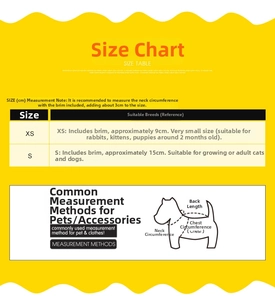 Detailed size guide for pet hats with neck and chest measurement instructions for dogs and cats