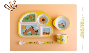Detailed set of bamboo fiber kids tableware with yellow horse and farm patterns