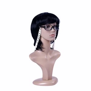 Detail of chunky white acrylic eyewear chain strap on model with black glasses