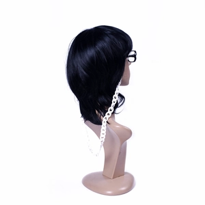 Detail of white acrylic eyewear chain with large links on glasses model for women