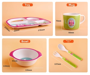 Detailed size chart for 5-piece bamboo fiber kids tableware set with owl pattern