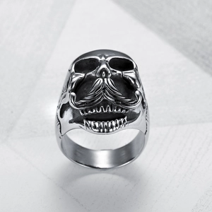 Vintage stainless steel mustache skull ring for men with a polished silver finish