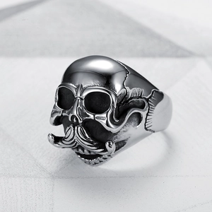 Vintage stainless steel mustache skull ring for men with a gothic oxidized silver finish