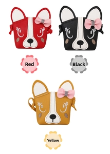 Detailed display of cute puppy crossbody bags in red, black, and yellow colors