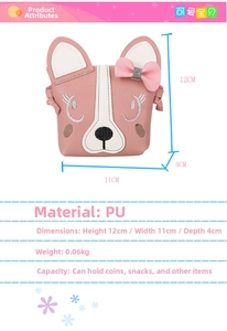 Detail view of pink puppy crossbody bag with bow, measuring 12x11x4cm in PU leather