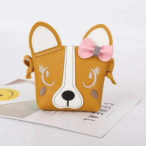 Cute yellow cartoon puppy crossbody bag for kids featuring a pink bow and embroidery