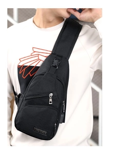 Black nylon chest bag for men featuring a built-in USB port and multi-layer zipper pockets
