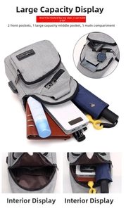 Detail view of grey crossbody bag showing USB charging port and multi-pocket internal capacity