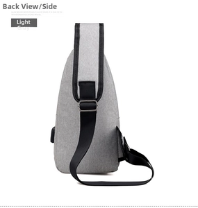 Light gray men chest bag showing side USB charging port and adjustable back strap detail