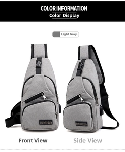Detail of light grey nylon chest bag with USB charging port and branded fabric label