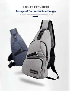 Detail of chest bag showing the integrated external USB charging port and zipper pockets