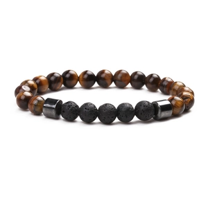 Elastic beaded bracelet with tiger eye stones and black volcanic rock beads with metal accents