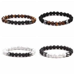 Minimalist Natural Tiger Eye White Turquoise Lava Stone Beaded Bracelet Elastic Hematite Metal Bead Energy Healing Unisex Jewelry
