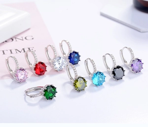 Detailed collection of silver earrings featuring vibrant round zircon stones in nine colors