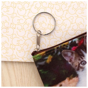 Close-up of cat coin purse with brown zipper, silver puller and metal key ring hook