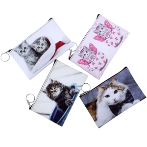 Cute Cat Print PU Leather Coin Purse Mini Wallet Key Pouch With Zipper And Keychain Ring Kawaii Accessories For Women