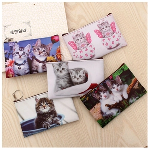 Cute cartoon cat printed coin purse set with zipper closure and metal keychain