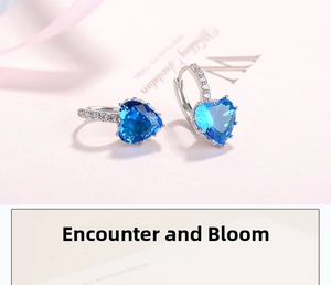 Macro shot of heart-shaped blue gemstone earrings with silver accents on a wedding card