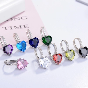 Set of heart-shaped zircon earrings in nine vibrant colors with silver-tone plating