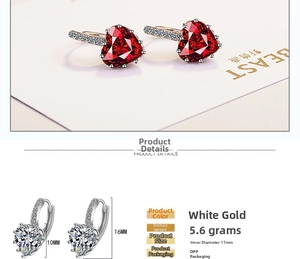 Detail view of heart-shaped earrings with red zircon, showing 16mm height and 11mm diameter