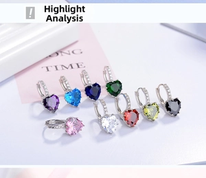 Detailed display of heart-shaped zircon earrings in nine vibrant colors with silver settings