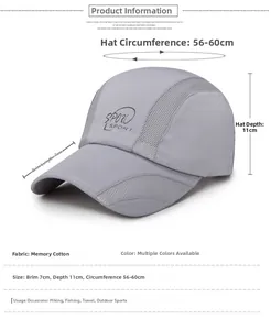 Detailed specs of light gray mesh baseball cap showing 7cm brim and adjustable strap
