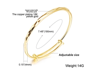 Detail view of adjustable 18K gold plated bangle with dimensions 190mm and 14g weight