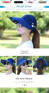 Close-up of women's sun visor featuring wide brim with vibrant tropical floral lining