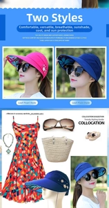 Detail view of foldable sun hats featuring colorful leaf prints and pearl flower accents