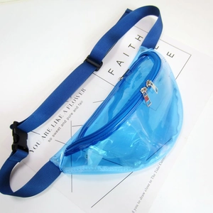 Blue transparent waist bag detail showing PVC material and adjustable strap