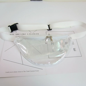Detailed view of a clear transparent fanny pack with white strap and silver zippers
