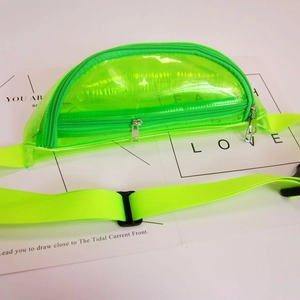 Vibrant neon green transparent fanny pack showing zip detail and adjustable strap