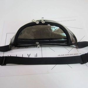Detail of a transparent smoke black waist bag with silver zippers for outdoor use