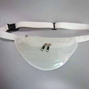 Detailed view of white holographic transparent fanny pack with adjustable strap and dual zippers
