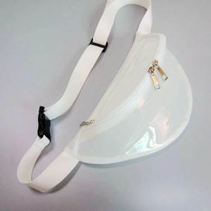 Close-up of white iridescent transparent waist bag with adjustable strap and dual zippers