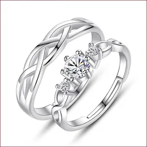 Anelli Di Coppia In Rame Placcato Oro Bianco Con Zircone Design Intrecciato Anello Aperto Regolabile