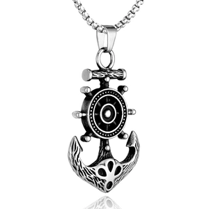 Retro stainless steel nautical anchor and helm pendant necklace for men in silver
