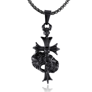 Gothic 316L stainless steel cross pendant necklace with black skull engravings