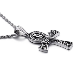 Polished stainless steel Egyptian Ankh cross pendant necklace with engraved patterns