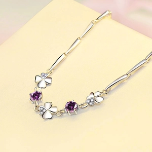S925 sterling silver clover bracelet with purple gemstones and clear zircon accents