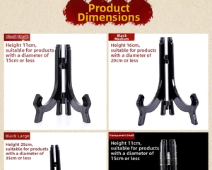 Size chart for plastic display stands in various heights for plates and photo frames