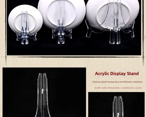 Three sizes of clear acrylic display stands for plates and photo frames in macro detail